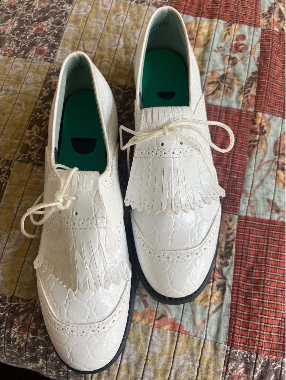 White Leather Brogue Shoes with Spike Sole, Size 7